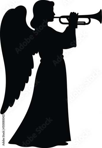 ornate angel statue, detailed wings, trumpet, silhouette, dramatic lighting, architectural backdrop, gothic cathedral, somber tone, digital art
