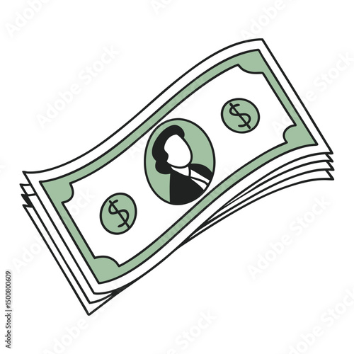 Cartoon Dollar Bill Icon with Dollar Sign, Simple Money Graphic for Finance Apps, Educational Materials, Budgeting or Payment Concepts