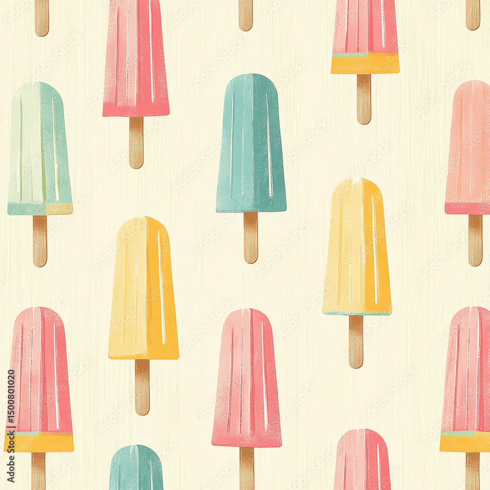 A repeating pattern of pastel-colored popsicles on a creamy background. The popsicles are in shades of pink, yellow, and teal, and are depicted in a slightly textured, painterly style