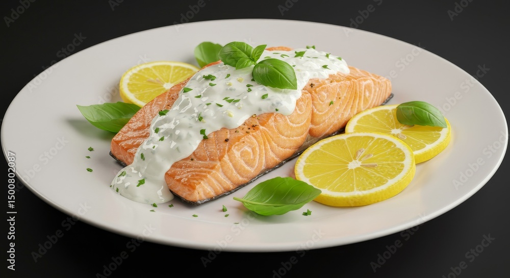 Photo of Gourmet Salmon Dish on White Plate with Lemon and Basil Photo of Gourmet Salmon Dish on White Plate with Lemon and Basil