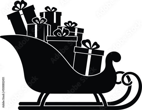 a black and white illustration of a santa sleigh full of christmas presents, detailed black and white vector graphic, minimal clean design
