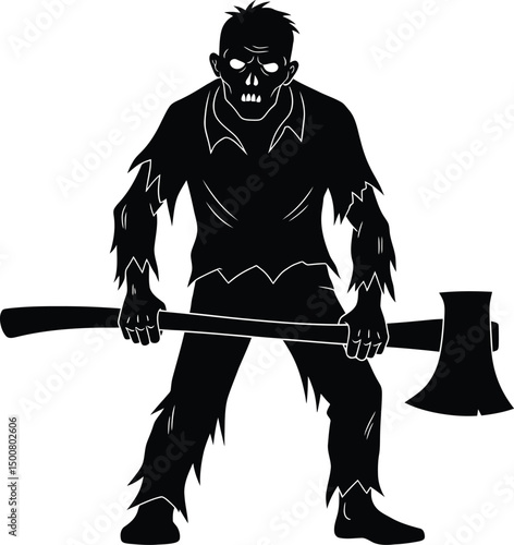 a high contrast dark silhouette of a muscular humanoid figure holding a large axe, angry facial expression with glowing eyes, post-apocalyptic warrior, dramatic lighting, digital art, 8k, photorealist