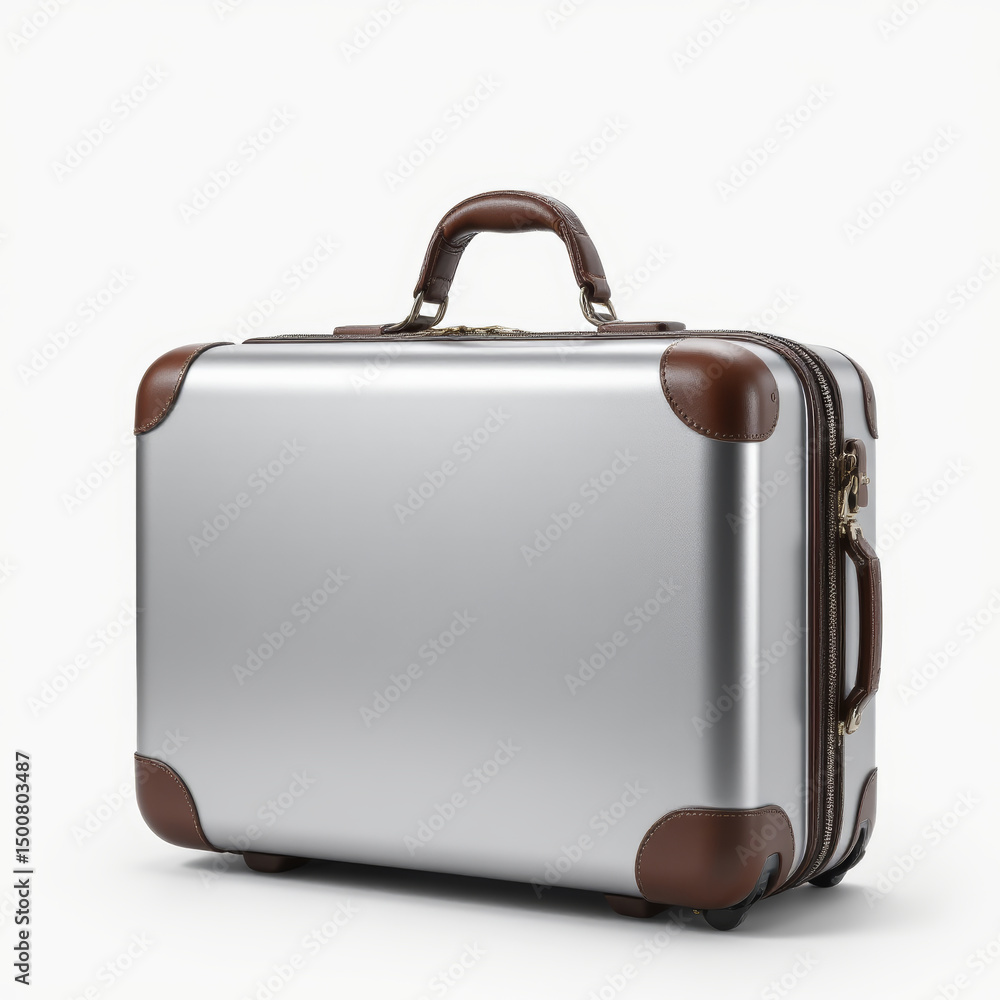 Sleek silver suitcase with brown leather accents, perfect for stylish travel Sleek silver suitcase with brown leather accents, perfect for stylish travel