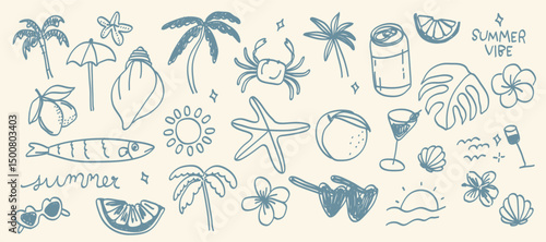 Indigo Italian hand drawn summer element vector set. Coconut Tree, shell, fish, hibiscus, monstera, lemon, sunglasses, wine, crab, sea. Design for decorative, card, cover, poster, product deco.