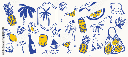 Indigo Italian hand drawn summer element vector set. Coconut Tree, pineapple, seahorse, wine, bikini, foliage, shell, bird, boat. Design for decorative, card, cover, poster, product deco.
