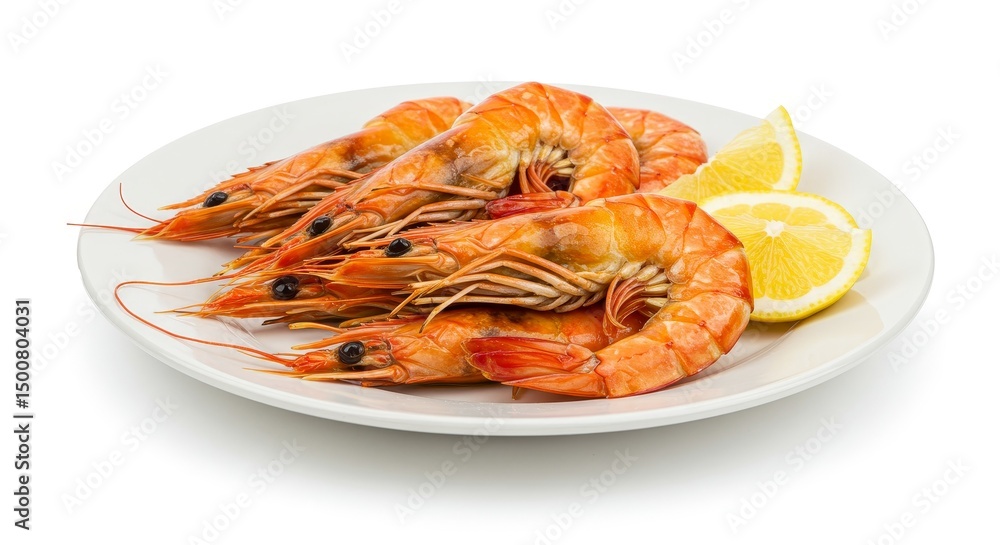 Photo Of Grilled Shrimp With Lemon Slices On White Plate Isolated Photo Of Grilled Shrimp With Lemon Slices On White Plate Isolated