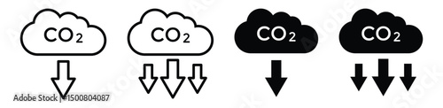 CO2 Emissions and Reduction Icon Set – Black Vector Cloud Symbols for Carbon Footprint and Climate , vector illustration.