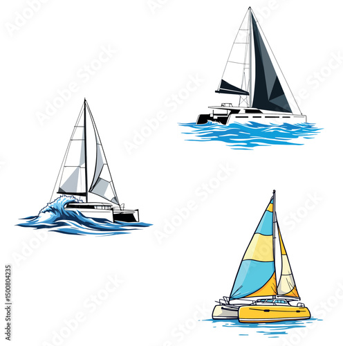 Vsai set of catamarans sailing in the ocean with open sails