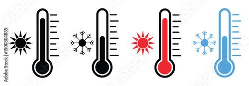 Set of hot and cold icon ,Thermometer and Temperature Icon Set – Hot and Cold Climate Symbols, Weather and Heat Control Vector Illustration.