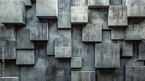 Abstract architectural background featuring a dynamic wall of three-dimensional grey concrete cubes with a rough, textured surface