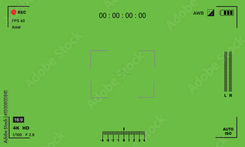 Camera viewfinder. Viewfinder camera recording. Video screen, camera frame vector template. Black lines and text, rec icon with information and timing on green background.
