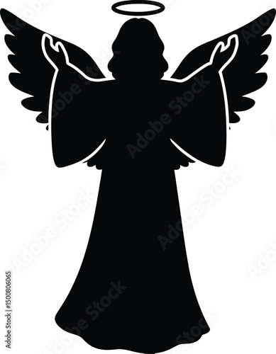 angel, silhouette, winged figure, celestial, halo, monochrome, minimalist, graphic design
