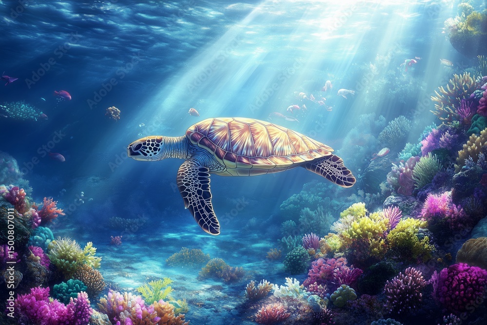 Naklejka premium A sea turtle glides through clear ocean waters over a vibrant coral reef, bathed in sunlight streaming from above