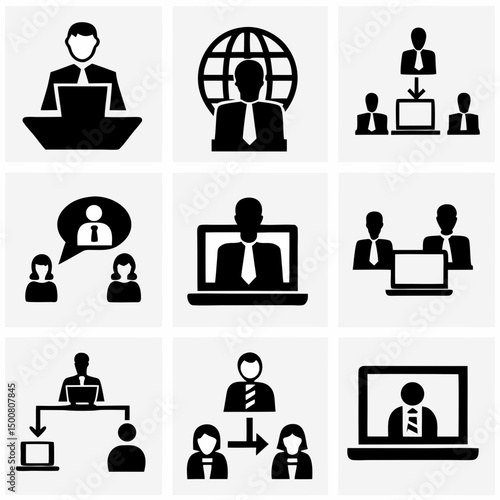 Online Communication and Remote Work Icon Set – Black and White Business, Laptop, and Collaboration Symbols SVG