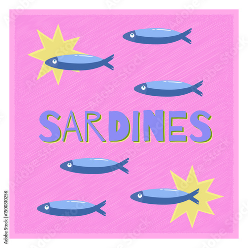 Playful sardines pattern on pink starry background. Whimsical vector illustration for seafood packaging, kids' textiles.
