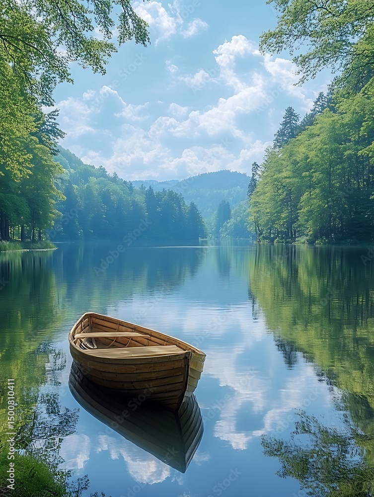 Serene lake scene with a small wooden boat Serene lake scene with a small wooden boat
