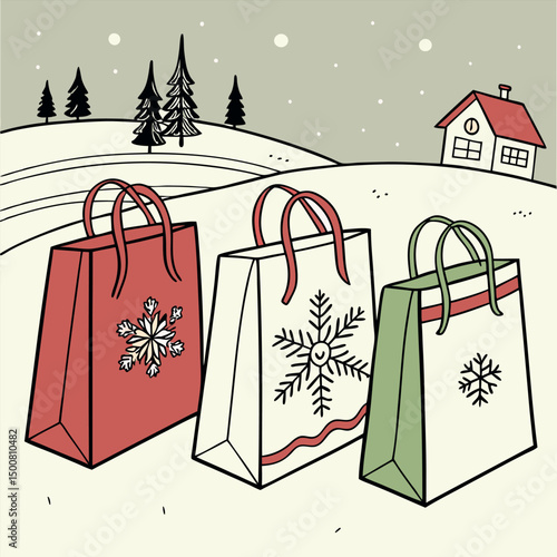 Illustration of gift bags on snow background