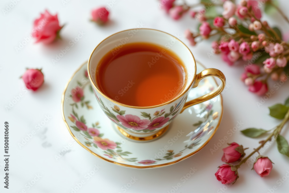 Fototapeta premium Beautiful tea cup with floral design, surrounded by pink roses, evokes serene atmosphere