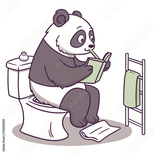 Mixed panda sitting on the toilet, reading and drinking a drink