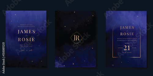 Luxury wedding card design vector set. Elegant invitation card with little star moon sun meteor and space decoration on navy blue background. Design illustration for cover, poster, gala.