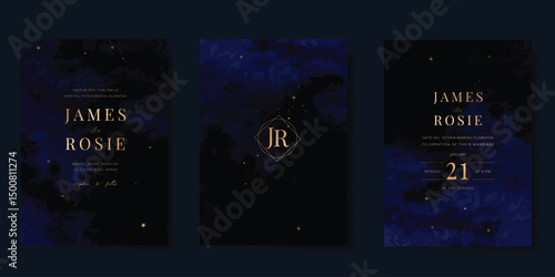 Luxury wedding card design vector set. Elegant invitation card with little star moon sun meteor and space decoration on navy blue background. Design illustration for cover, poster, gala.