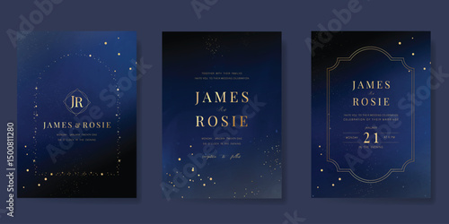 Luxury wedding card design vector set. Elegant invitation card with little star moon sun meteor and space decoration on navy blue background. Design illustration for cover, poster, gala.