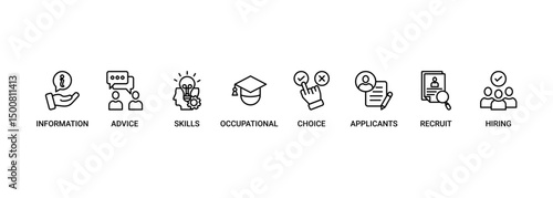 Job fair banner web icon set vector illustration concept for employee recruitment and onboarding program with an icon of the information, advice, skills, occupational, applicants, recruit, and hiring