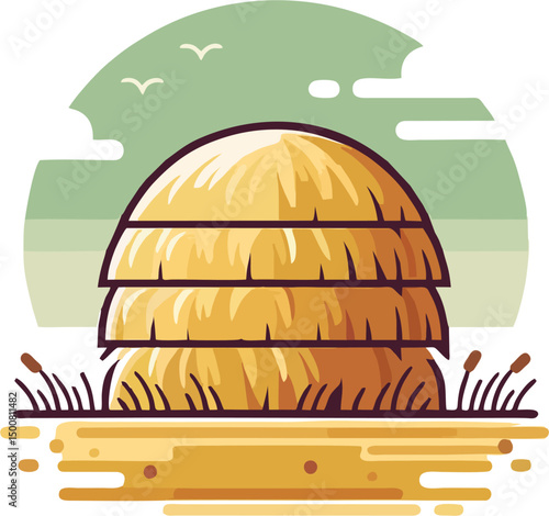 Layered Haystack Vector Illustration in Flat Countryside Landscape – Rustic Farm Harvest Scene with Green Sky and Birds