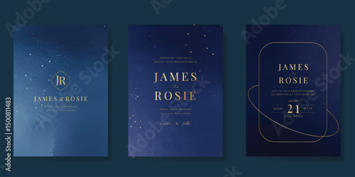 Luxury wedding card design vector set. Elegant invitation card with little star moon sun meteor and space decoration on navy blue background. Design illustration for cover, poster, gala.