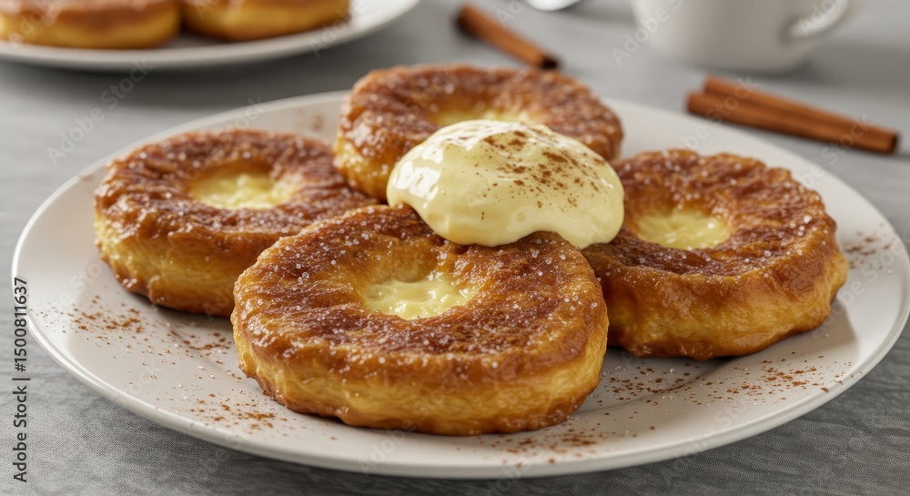 Photo Of Golden Fried Doughnuts With Cream And Cinnamon On A White Plate Photo Of Golden Fried Doughnuts With Cream And Cinnamon On A White Plate