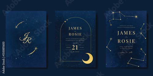 Luxury wedding card design vector set. Elegant invitation card with little star moon sun meteor and space decoration on navy blue background. Design illustration for cover, poster, gala.