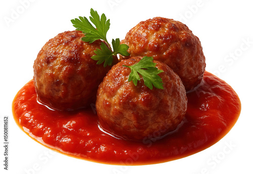 Three meatballs in rich tomato sauce garnished with fresh parsley sprigs.