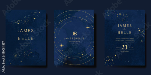 Luxury wedding card design vector set. Elegant invitation card with little star moon sun meteor and space decoration on navy blue background. Design illustration for cover, poster, gala.