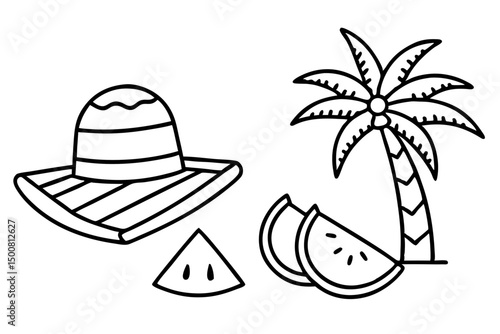 Summer Vacation Doodle Illustration Hat Palm Tree Watermelon