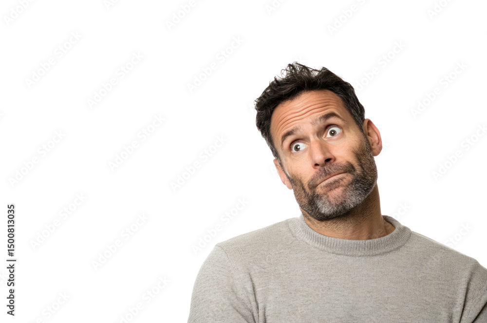 Fototapeta premium Puzzled Man: A middle-aged man with a perplexed expression, looking upward and to the side, conveying curiosity, contemplation, or uncertainty.