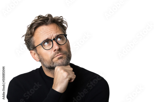 Thoughtful Gaze: A contemplative man with glasses, lost in thought, gazes upwards, capturing deep reflection and introspection.