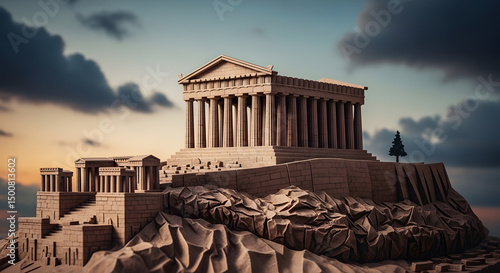 Artistic Miniature Parthenon Sand Sculpture Greek Temple with Tree Detail