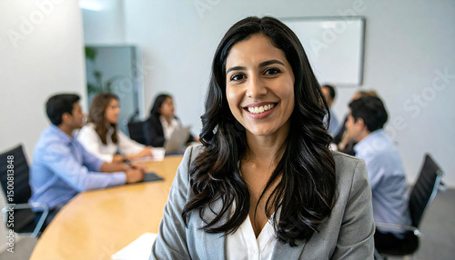 会議室で笑顔の女性マネージャー。ビジネスパーソン女性。Smiling female manager in a conference room. Female business person.