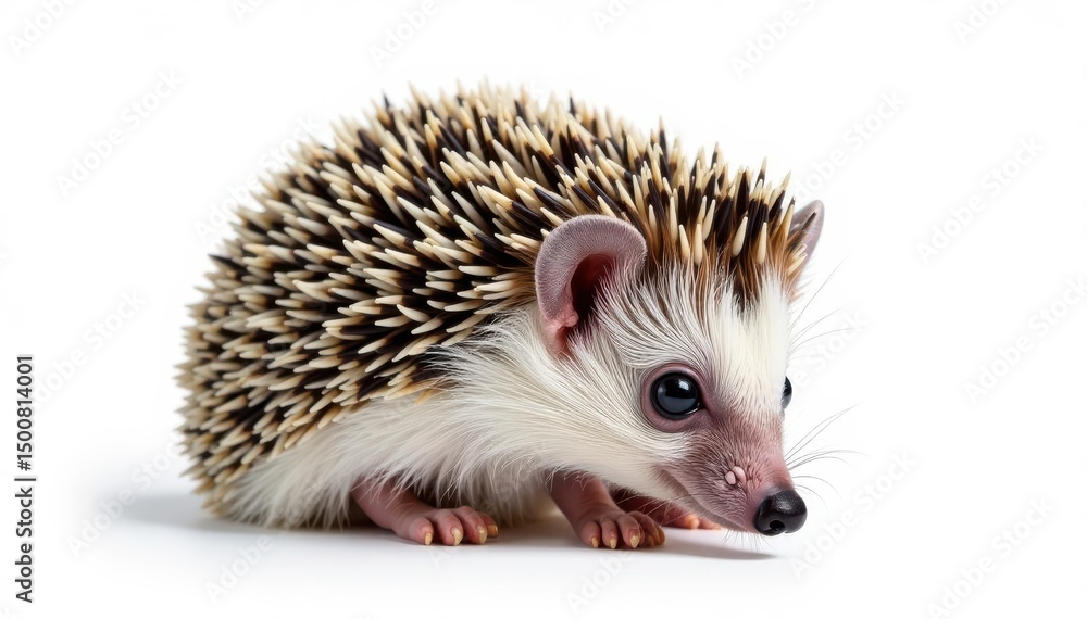 Fototapeta premium A tiny hedgehog, curled into a ball, isolated on pure white background , hedgehog portrait, fauna photography, animal photography