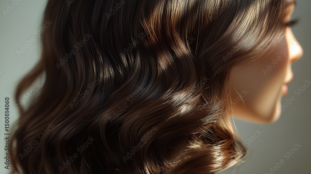 Fototapeta premium Beautiful model girl with Brown hair strand,silky healthy chestnut wavy hair strand,hair wavy ribbon, with smooth,Keratin straightening,Treatment,straight long hair,procedures,Smooth hairstyle.