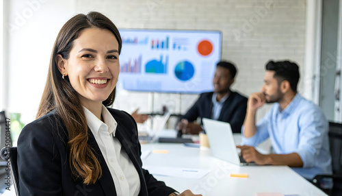 会議室で笑顔の女性マネージャー。ビジネスパーソン女性。Smiling female manager in a conference room. Female business person.