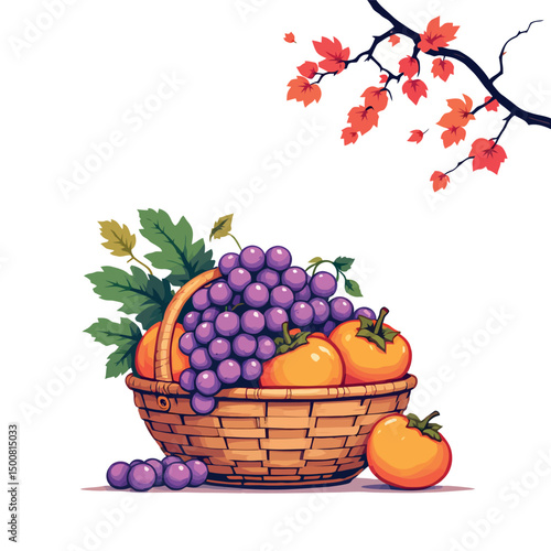Vsai wicker basket overflowing with freshly picked grapes and persimmons in autumn