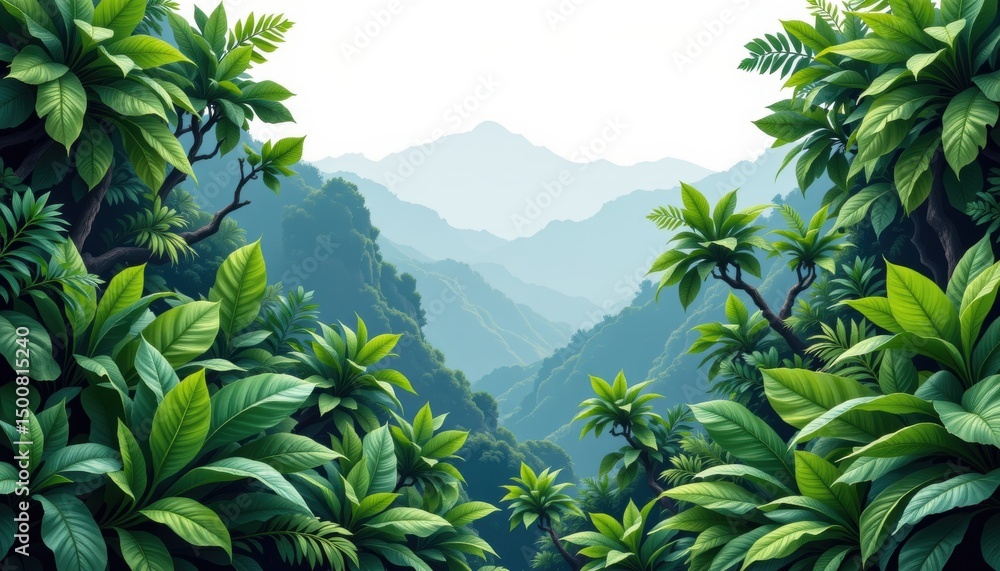 Obraz premium Perspective view of wold envariroment concept. Lush jungle landscape with mountains and vibrant foliage in the background.