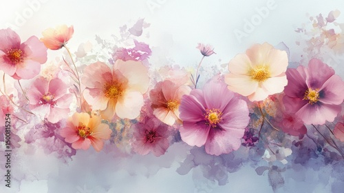 Beautiful seamless floral water color pattern Set, watercolor wild flowers, leaves and grass,Collection botanic garden elements, isolated illustration in rustic or vintage style,copy space.