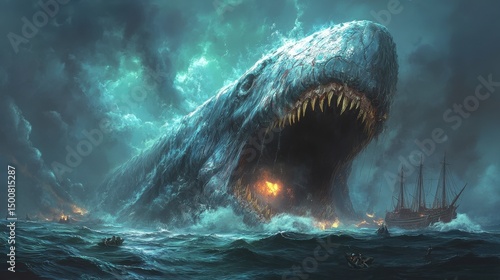 Giant whale emerges from stormy sea, ships nearby. Menacing ocean encounter depicted