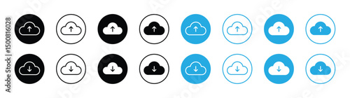 "Upload and Download Cloud Icons – Black, White, and Blue Variants in Flat and Outline Styles"