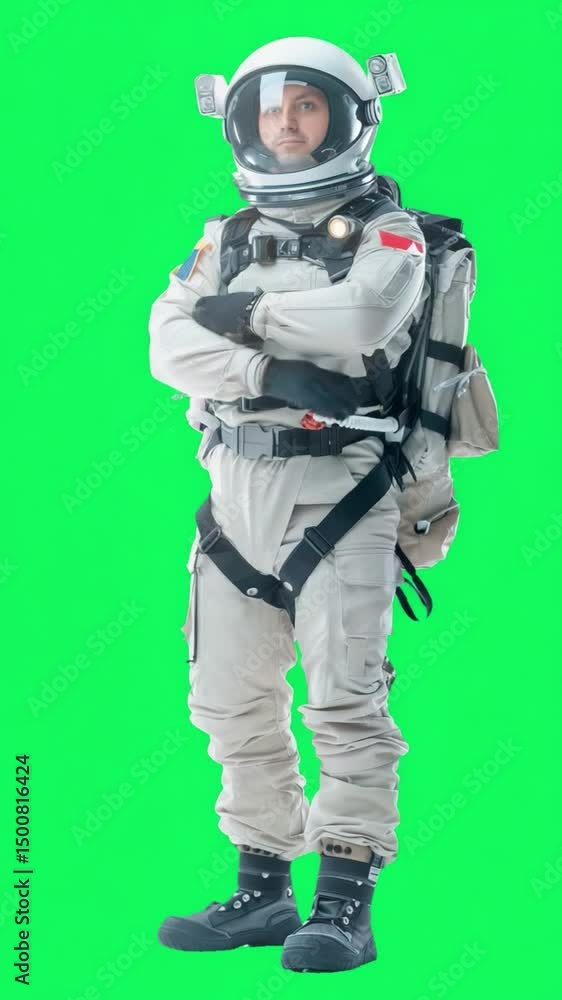 Astronaut in Space Suit Standing Confidently Against a Bright Green Background Astronaut in Space Suit Standing Confidently Against a Bright Green Background
