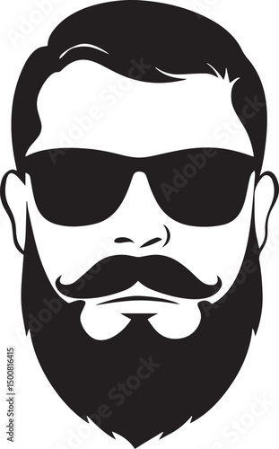 Confident Profile: A striking monochrome illustration of a man, sporting sunglasses, a stylish mustache, and a full beard, exuding an air of coolness and confidence.