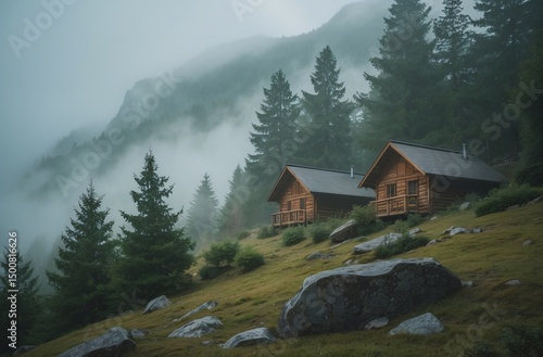 cozy wooden cabins amid misty pine forested mountain hillside