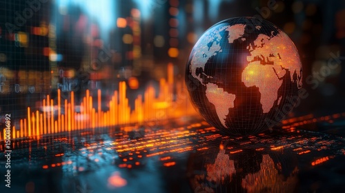 Illuminated globe reflecting on a grid, graphs and a bokeh city backdrop